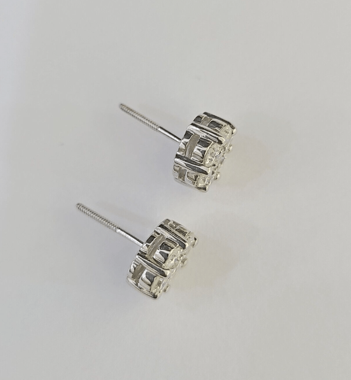 14k White Gold Flower Earrings Real Diamond Screw - Back Women Men Studs - GoldenlinQ